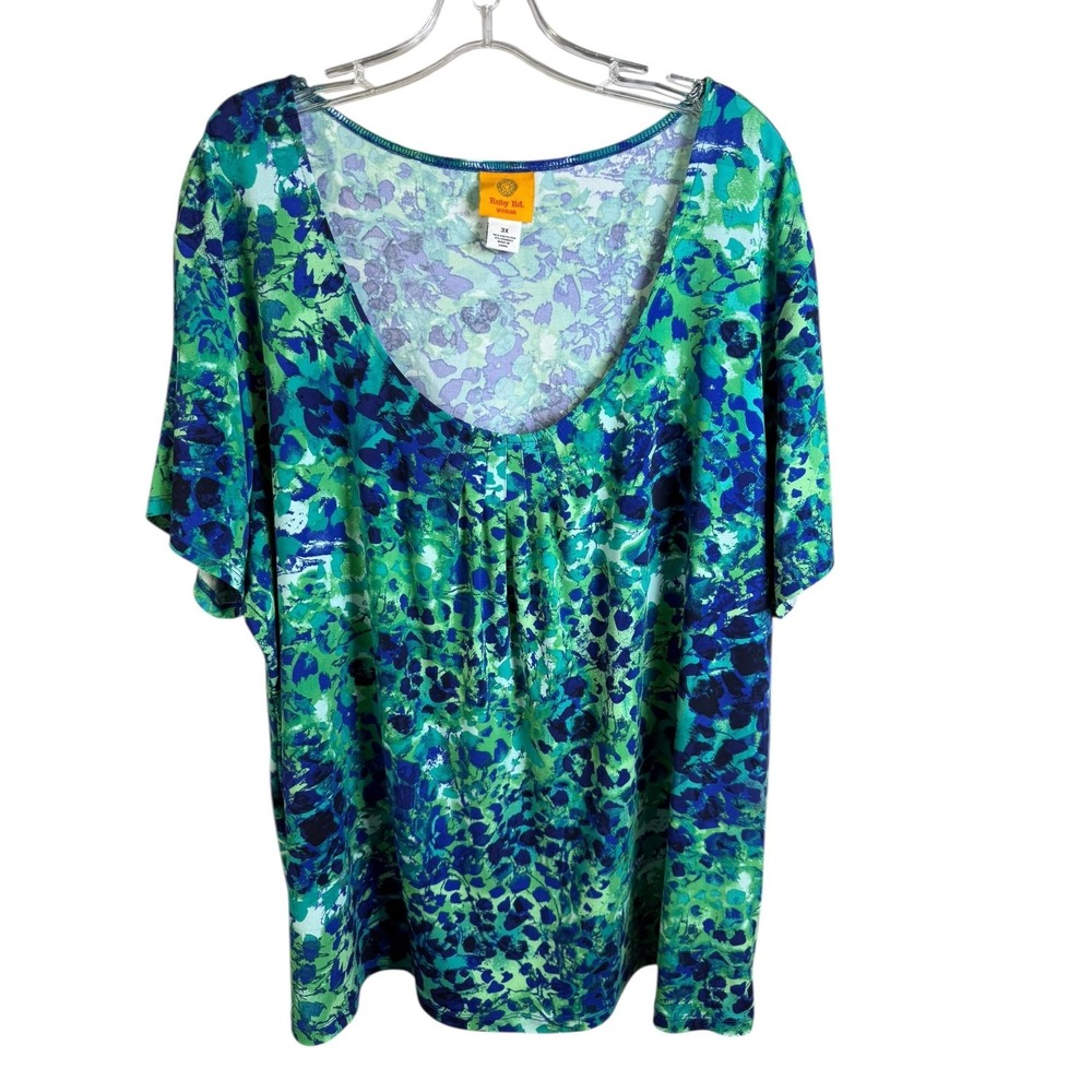 Ruby Rd. Shirt Womens 3X Green Blue Scoop Neck Pleated Short Sleeve Plus Size - Picture 3 of 6